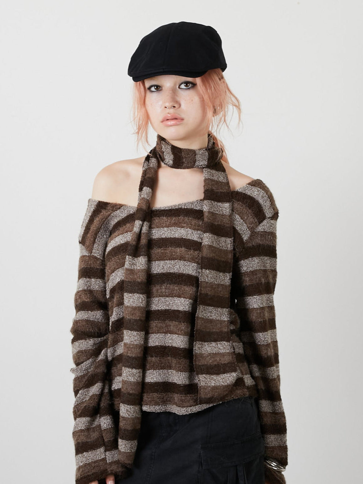 さとう MUFFLER SET BORDER KNIT / BROWN – led-tokyo│レッドトーキョー