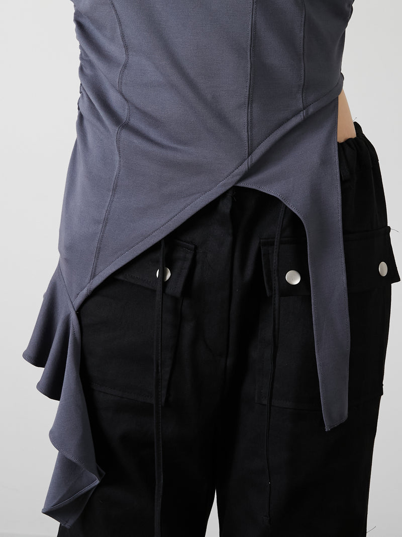ASYMMETRY FRILL TOPS / CHARCOAL GRAY