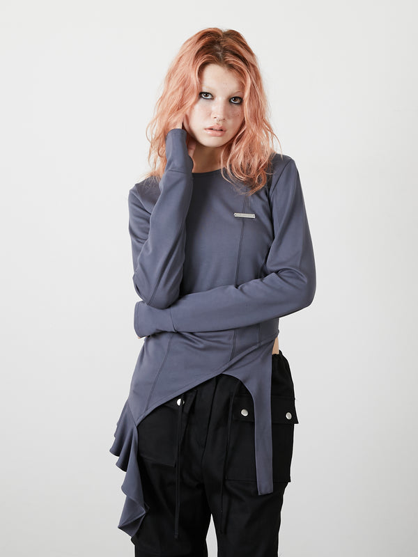 ASYMMETRY FRILL TOPS / CHARCOAL GRAY