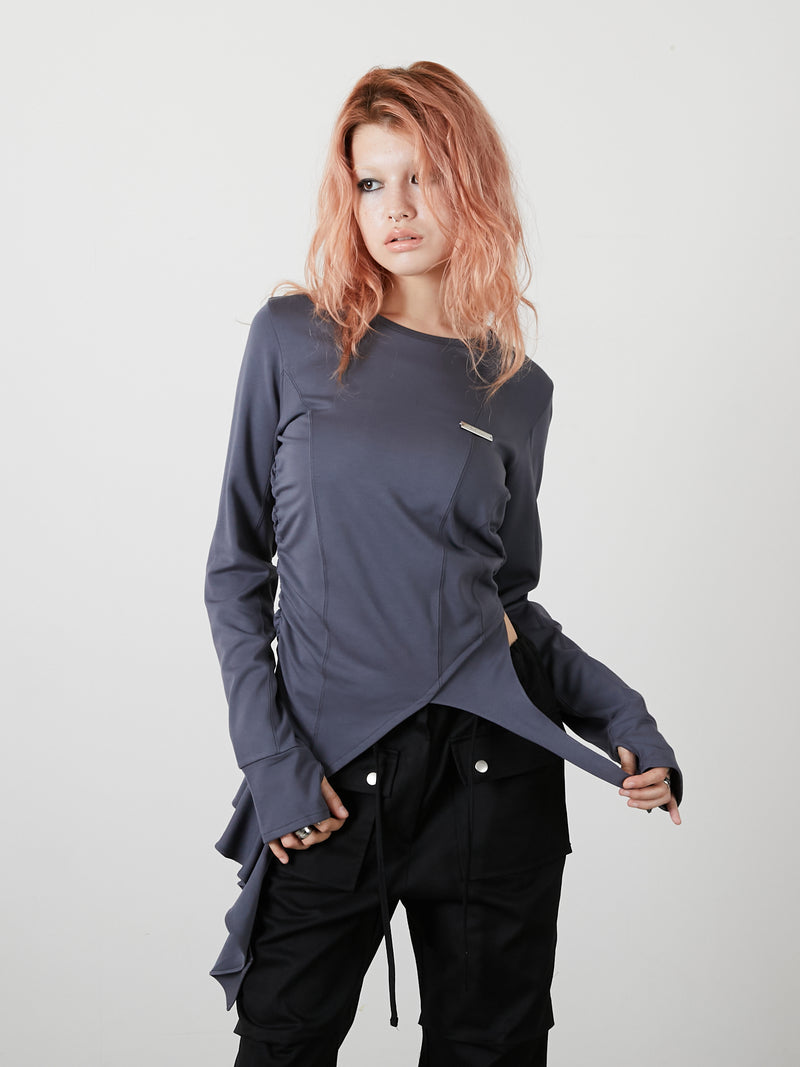 ASYMMETRY FRILL TOPS / CHARCOAL GRAY