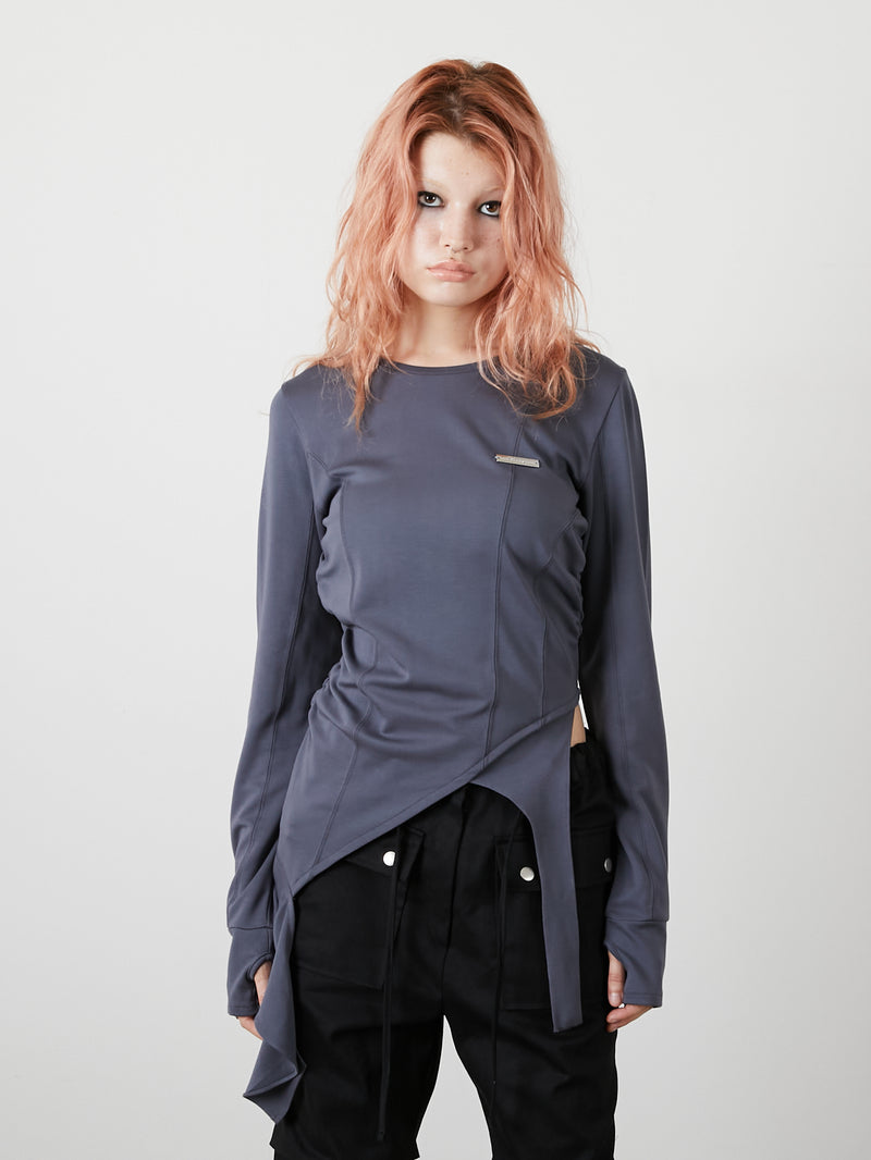 ASYMMETRY FRILL TOPS / CHARCOAL GRAY