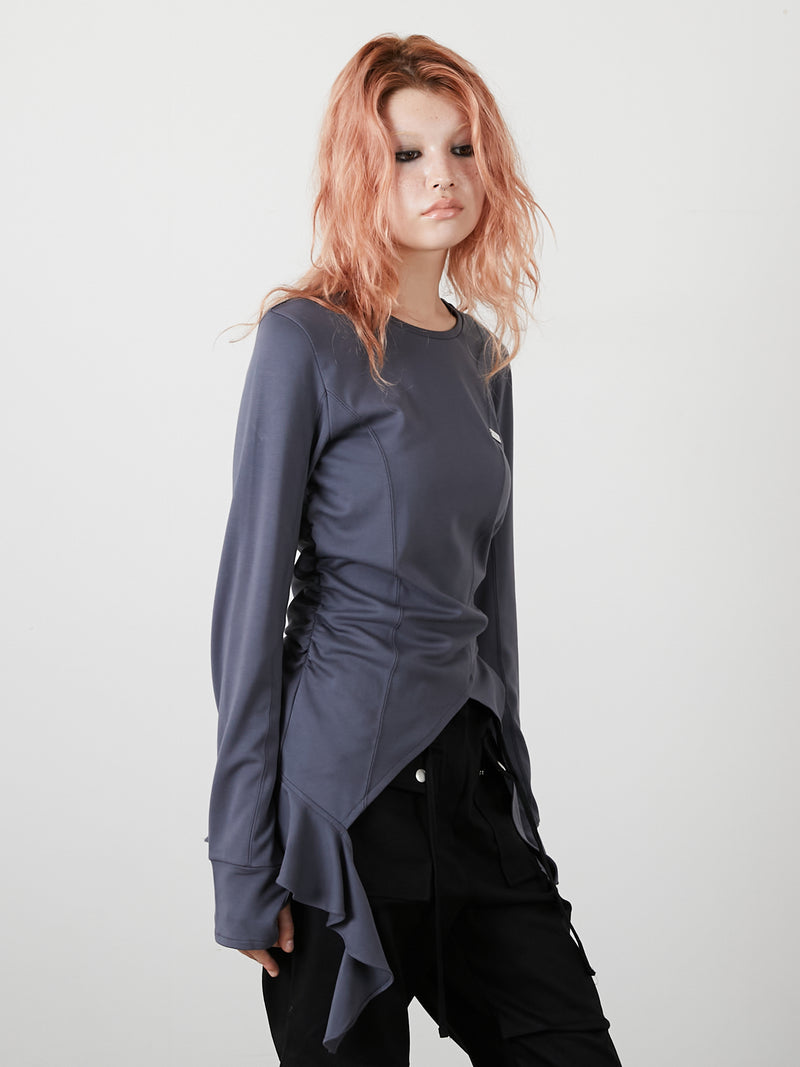ASYMMETRY FRILL TOPS / CHARCOAL GRAY