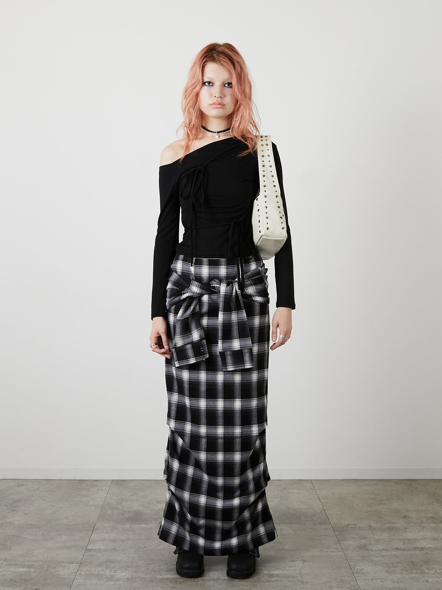 DRAPE LONG SKIRT / CHECK