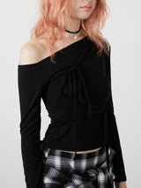 ONE SHOULDER RIBBON TOPS / BLACK