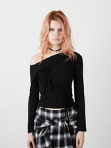 ONE SHOULDER RIBBON TOPS / BLACK