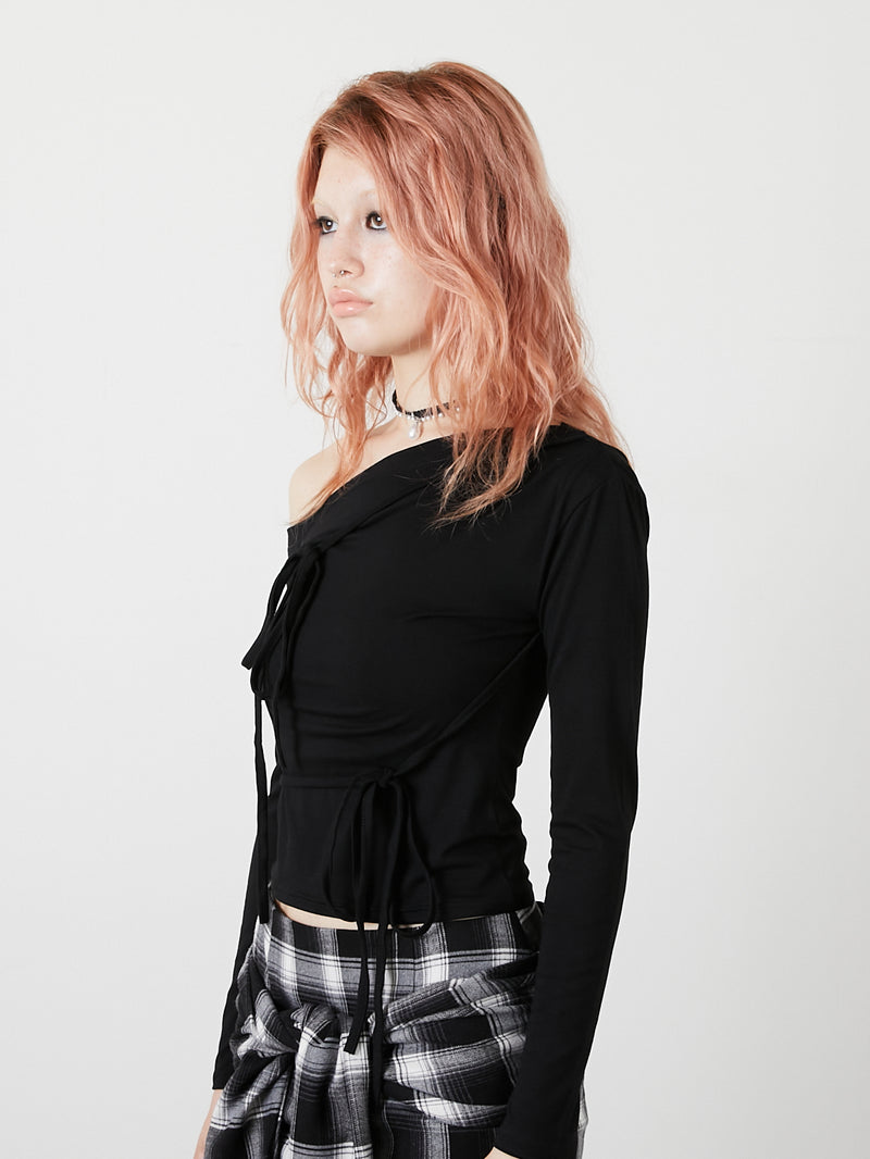 ONE SHOULDER RIBBON TOPS / BLACK