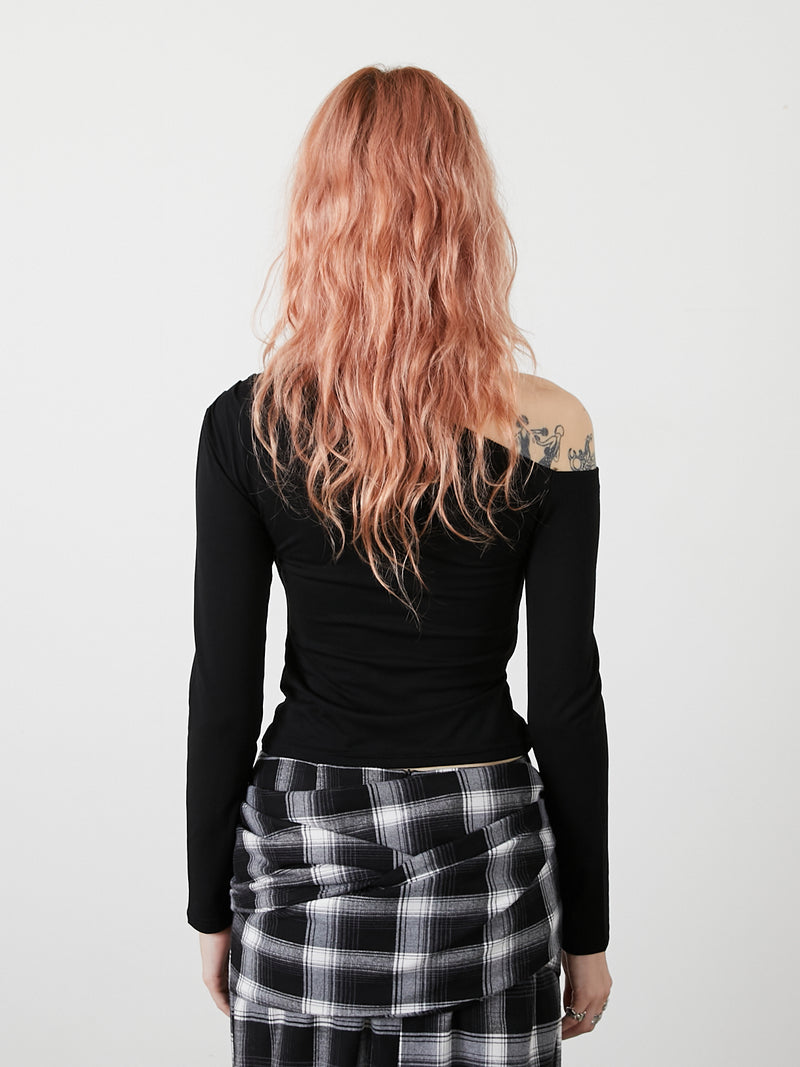 ONE SHOULDER RIBBON TOPS / BLACK