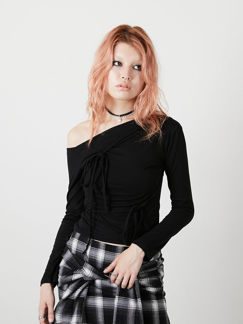 ONE SHOULDER RIBBON TOPS / BLACK