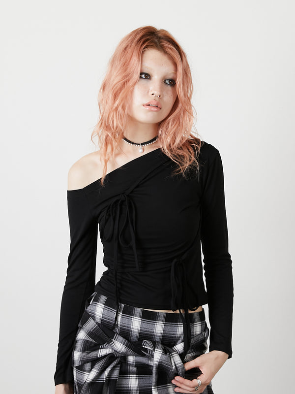 ONE SHOULDER RIBBON TOPS / BLACK
