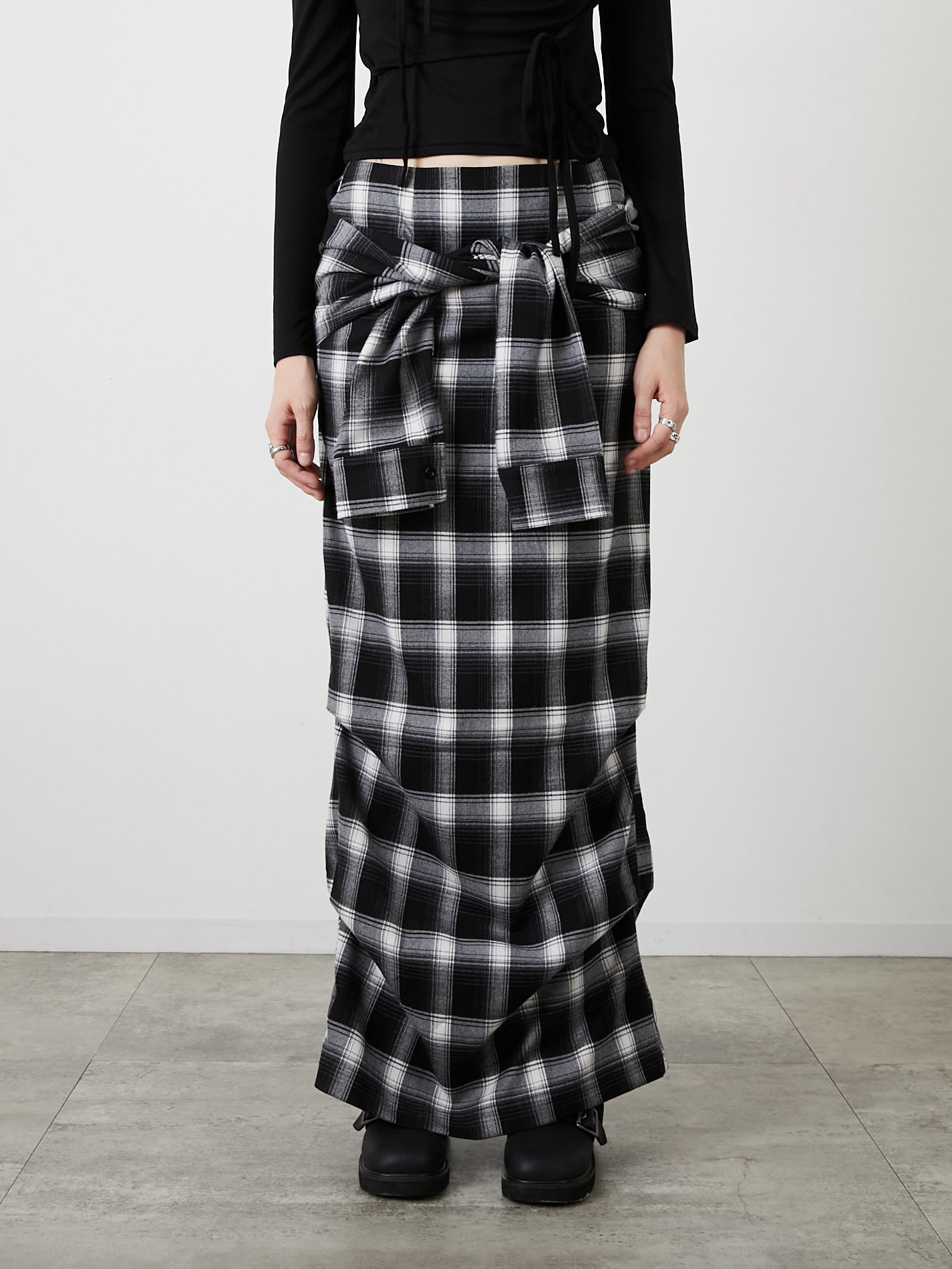 DRAPE LONG SKIRT / CHECK