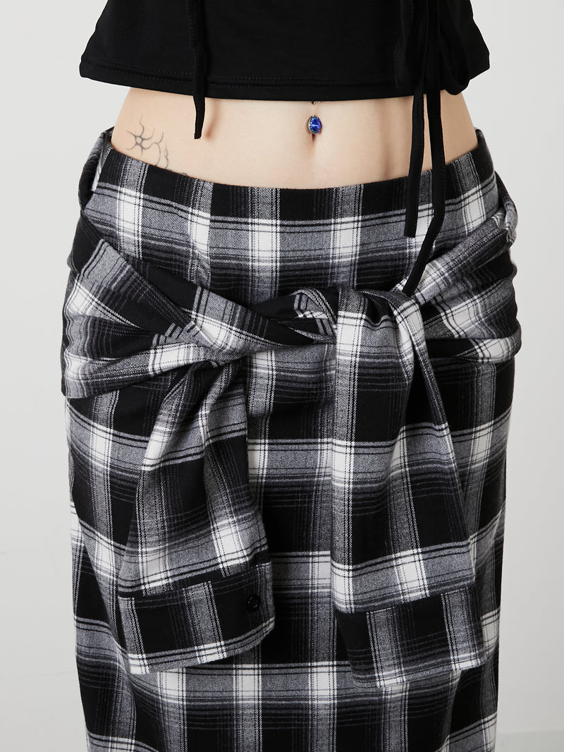 DRAPE LONG SKIRT / CHECK