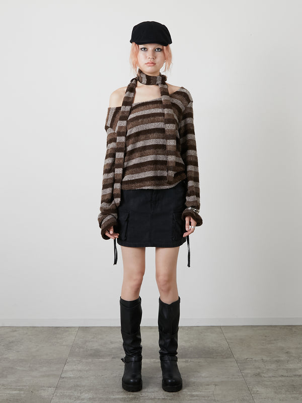 MUFFLER SET BORDER KNIT / BROWN