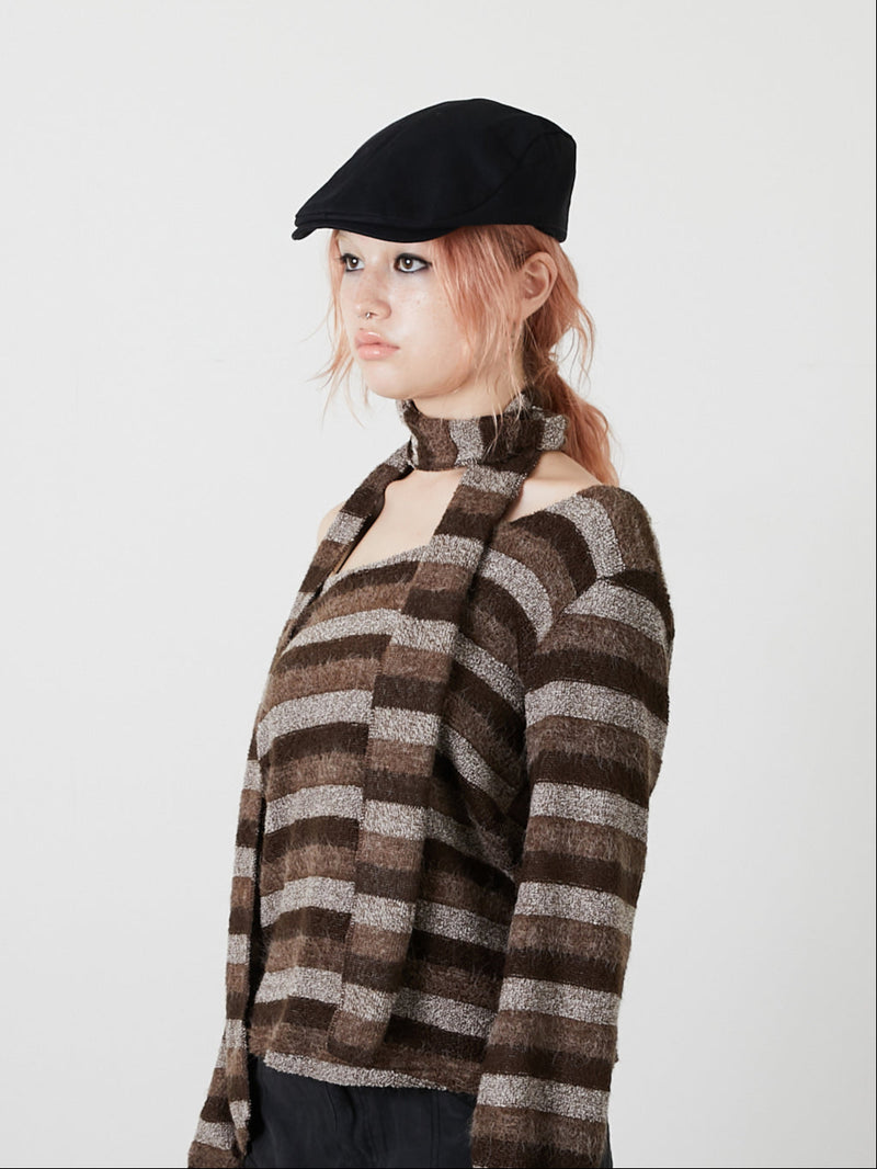 MUFFLER SET BORDER KNIT / BROWN