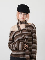 MUFFLER SET BORDER KNIT / BROWN