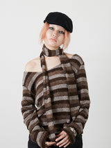 MUFFLER SET BORDER KNIT / BROWN