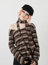 MUFFLER SET BORDER KNIT / BROWN