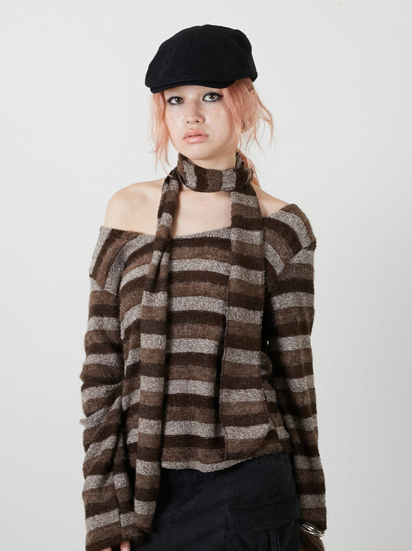 MUFFLER SET BORDER KNIT / BROWN