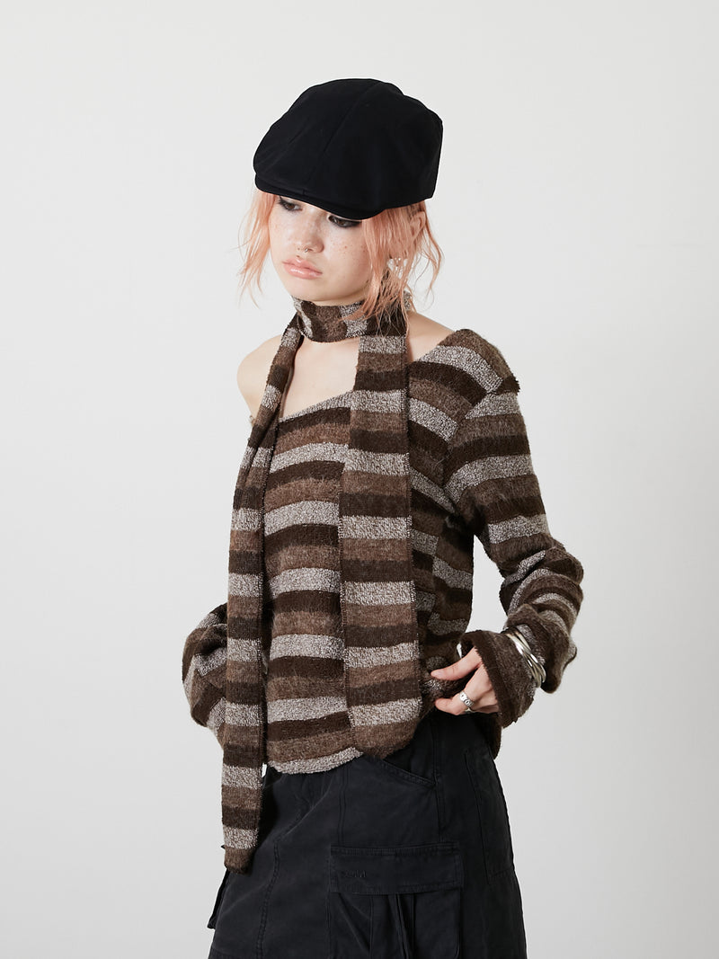 MUFFLER SET BORDER KNIT / BROWN