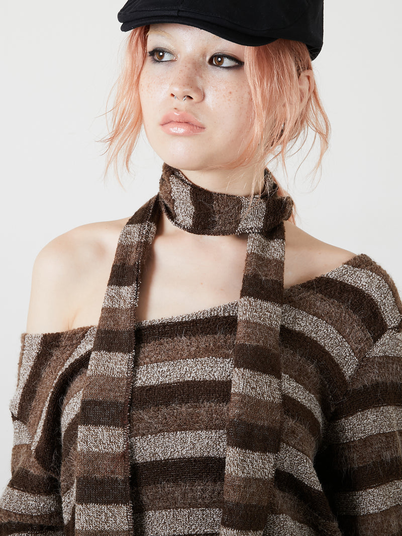 MUFFLER SET BORDER KNIT / BROWN