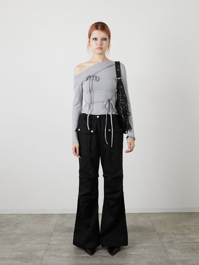 ONE SHOULDER RIBBON TOPS / GRAY
