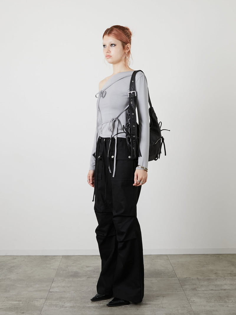 ONE SHOULDER RIBBON TOPS / GRAY