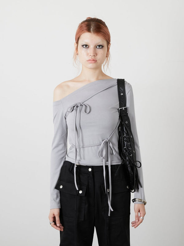 ONE SHOULDER RIBBON TOPS / GRAY