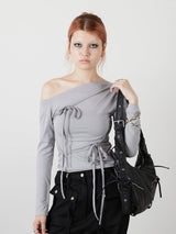 ONE SHOULDER RIBBON TOPS / GRAY
