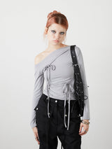 ONE SHOULDER RIBBON TOPS / GRAY