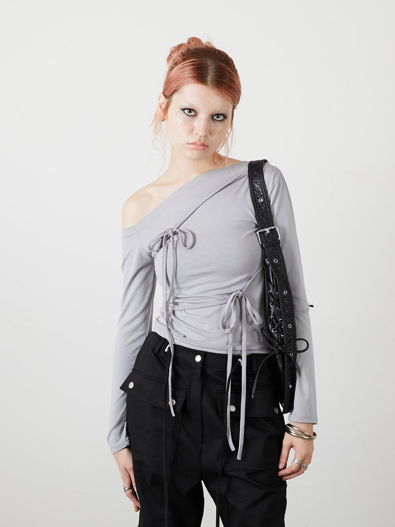 ONE SHOULDER RIBBON TOPS / GRAY