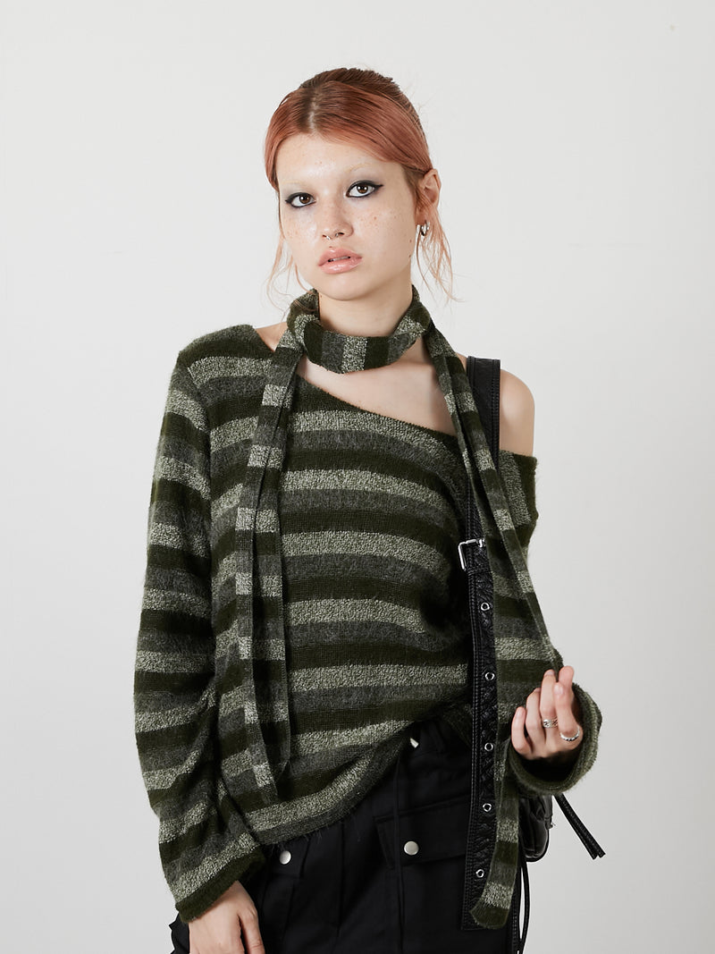 MUFFLER SET BORDER KNIT / KHAKI