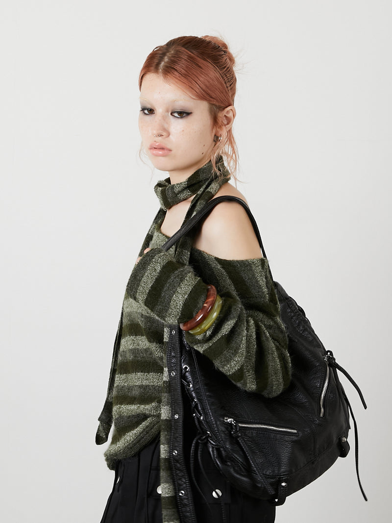 MUFFLER SET BORDER KNIT / KHAKI