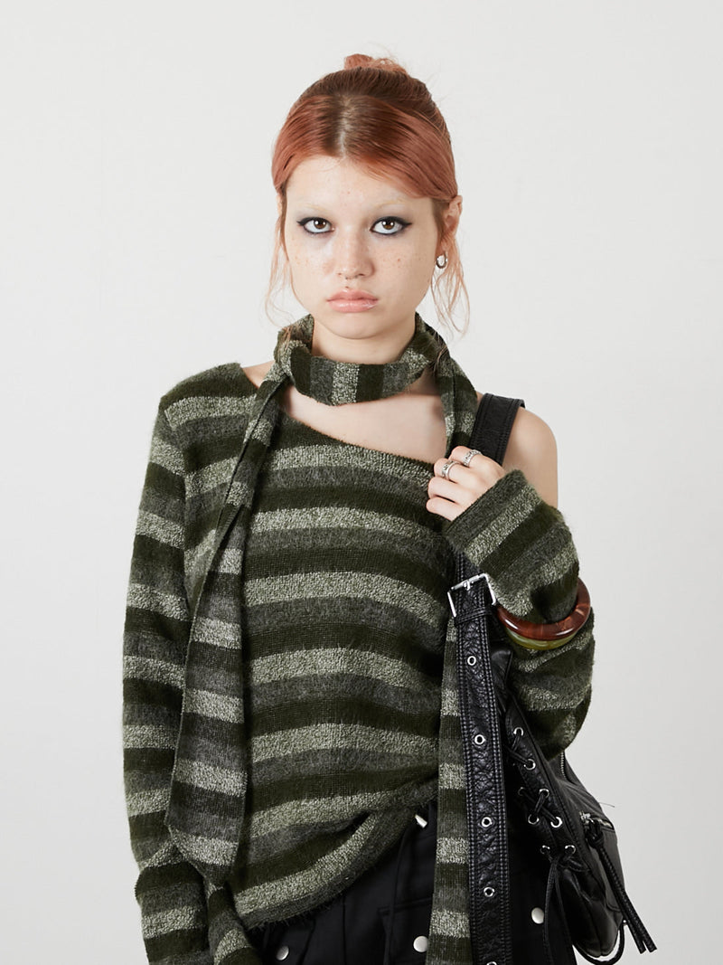 MUFFLER SET BORDER KNIT / KHAKI