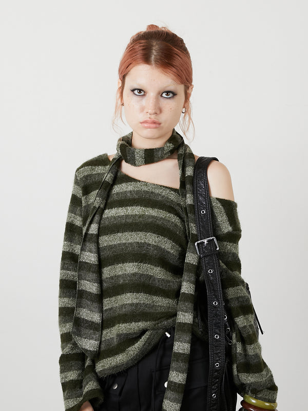 MUFFLER SET BORDER KNIT / KHAKI