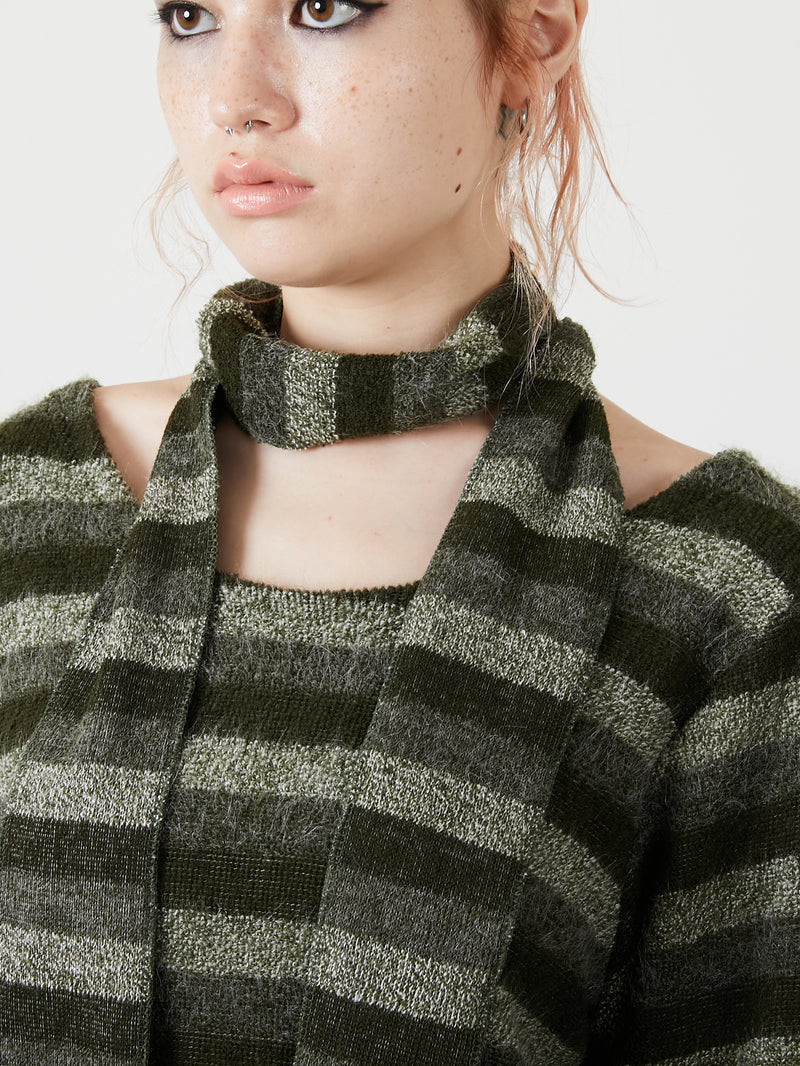 MUFFLER SET BORDER KNIT / KHAKI
