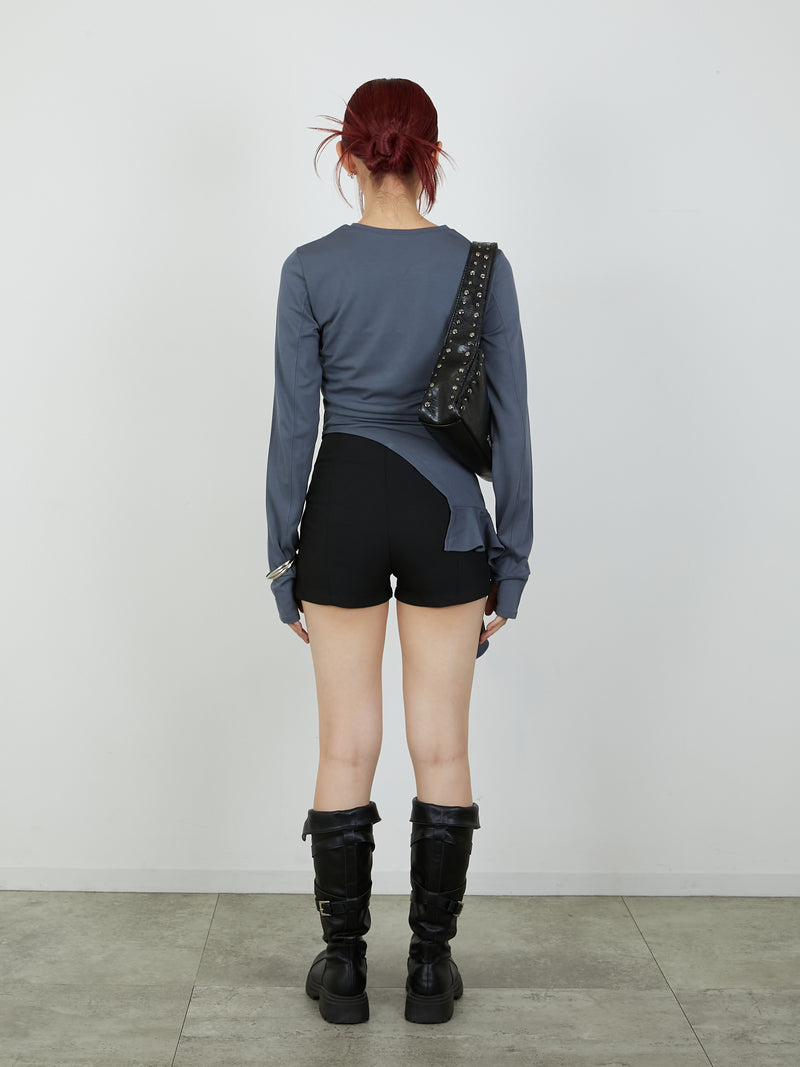 ASYMMETRY FRILL TOPS / CHARCOAL GRAY