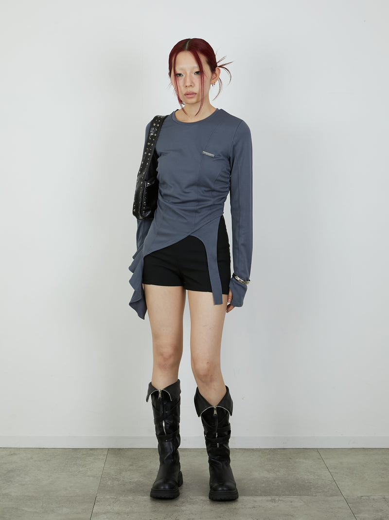 ASYMMETRY FRILL TOPS / CHARCOAL GRAY