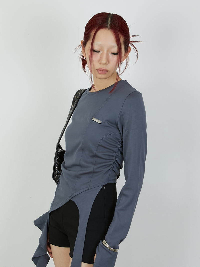 ASYMMETRY FRILL TOPS / CHARCOAL GRAY