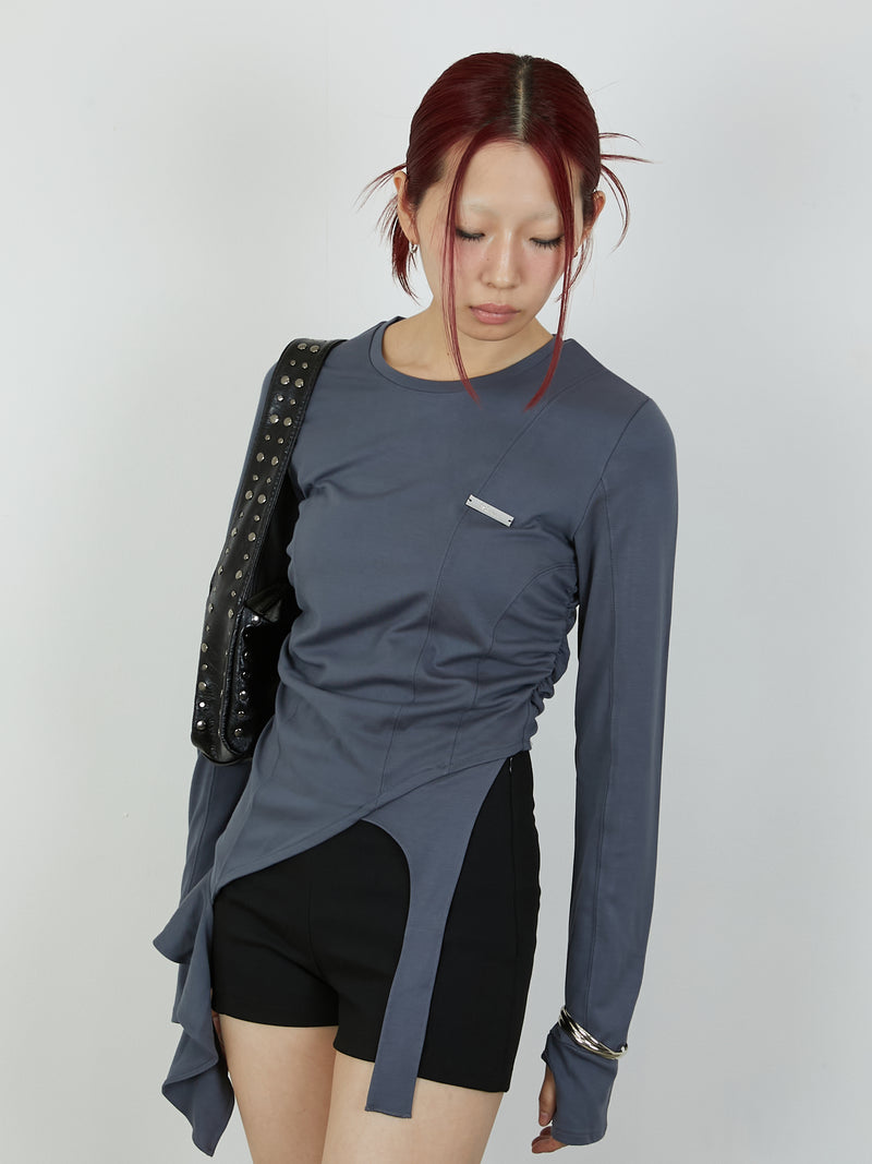 ASYMMETRY FRILL TOPS / CHARCOAL GRAY