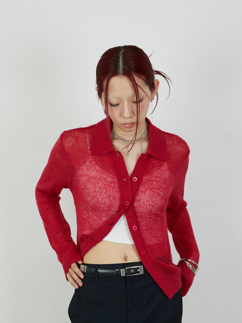 【Heart by led.】SHEER KNIT CARDE / RED