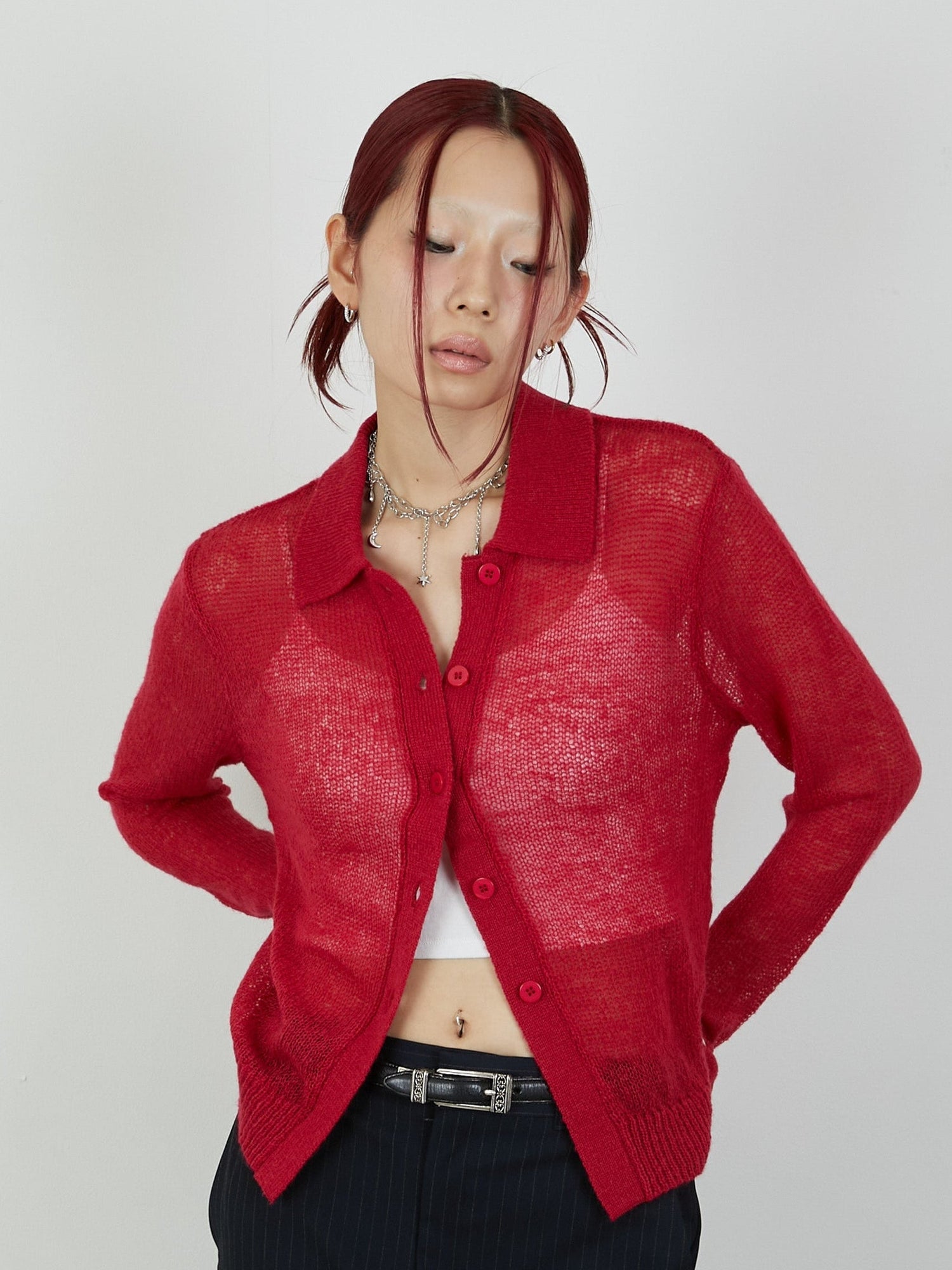 【Heart by led.】SHEER KNIT CARDE / RED