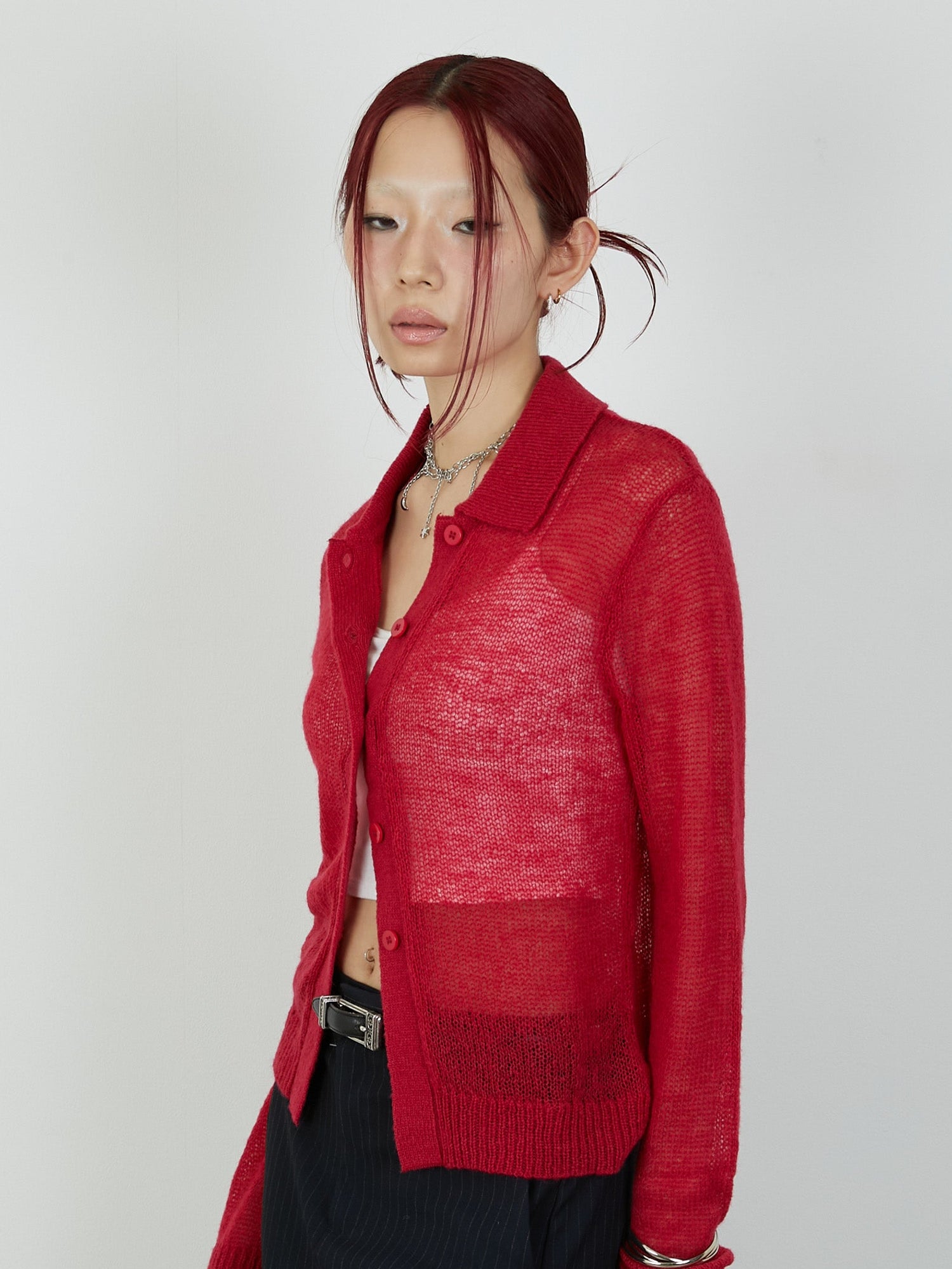 【Heart by led.】SHEER KNIT CARDE / RED