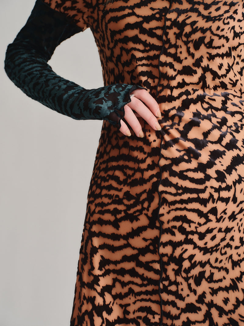 VELOUR SHEER LEOPARD LONG DRESS / ORANGE