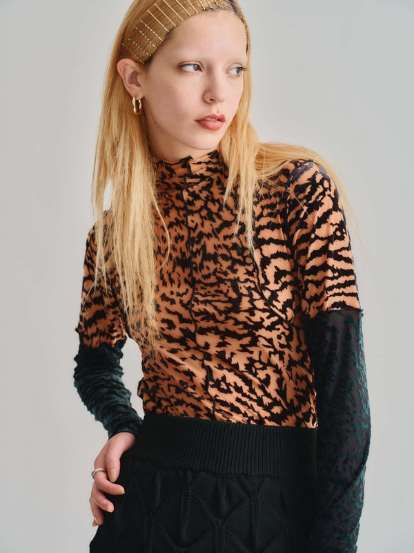 VELOUR SHEER LEOPARD TOPS / ORANGE