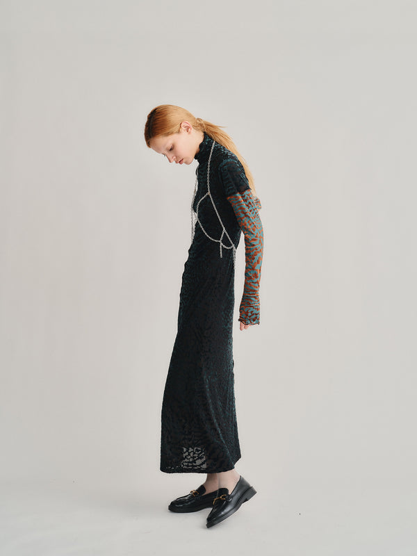 VELOUR SHEER LEOPARD LONG DRESS /BLACK