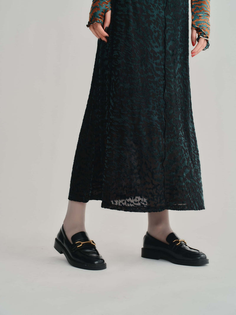 VELOUR SHEER LEOPARD LONG DRESS /BLACK