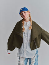 HIGH NECK WOOL SHORT COAT / KHAKI