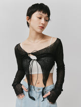 LACE RIBBON CARDIGAN/BLACK