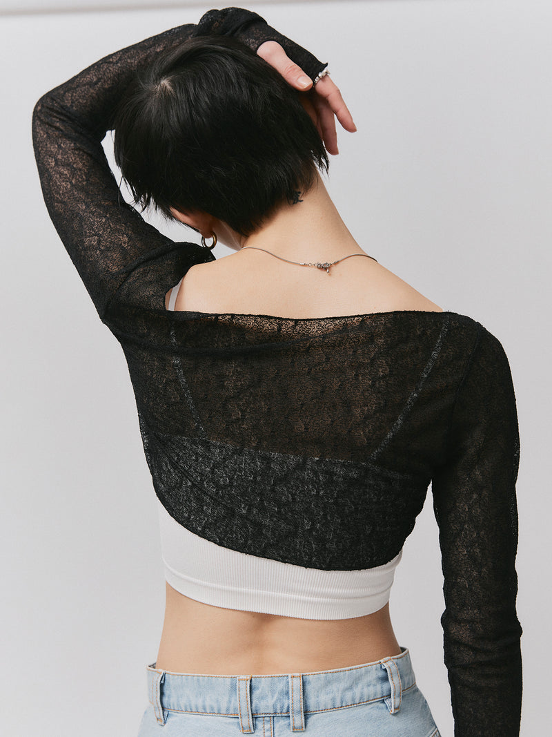 LACE RIBBON CARDIGAN/BLACK